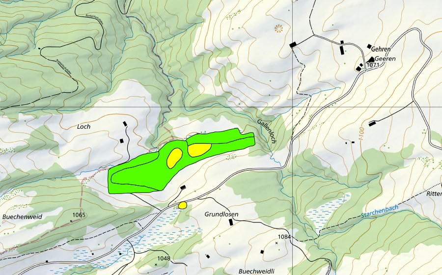 swisstopo national map showing the protected perimeter of Unterloch/Grundlosen (Raised bog)