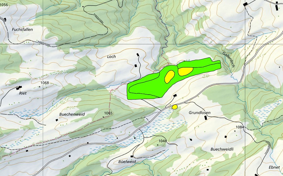 Landeskarte swisstopo mit dem Schutzperimeter von Unterloch/Grundlosen (Hochmoor)
