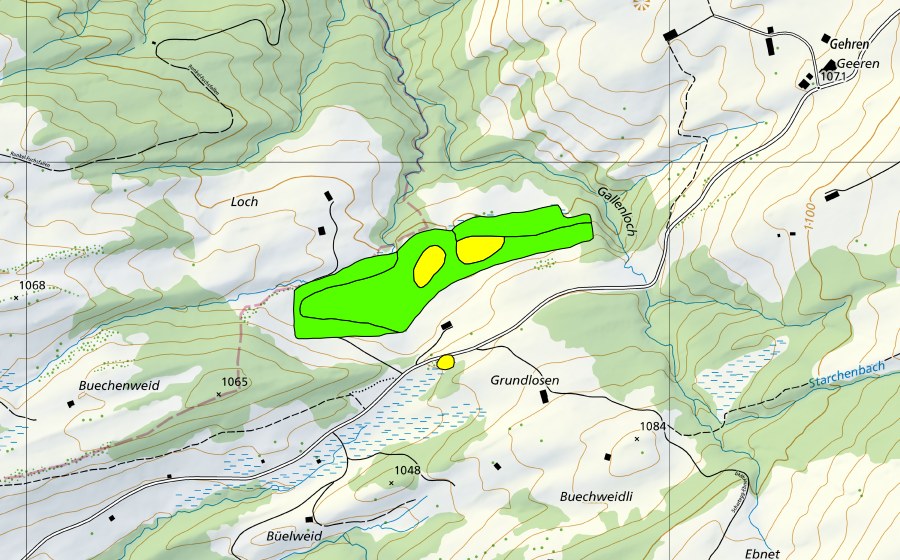 Landeskarte swisstopo mit dem Schutzperimeter von Unterloch/Grundlosen (Hochmoor)