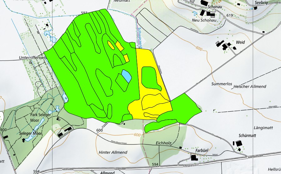 swisstopo national map showing the protected perimeter of Unterrifferswilermoos/Chrutzelen/Oberrifferswilermoos (Raised bog)