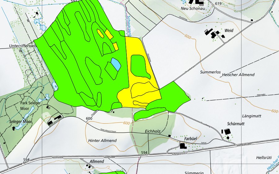 swisstopo national map showing the protected perimeter of Unterrifferswilermoos/Chrutzelen/Oberrifferswilermoos (Raised bog)