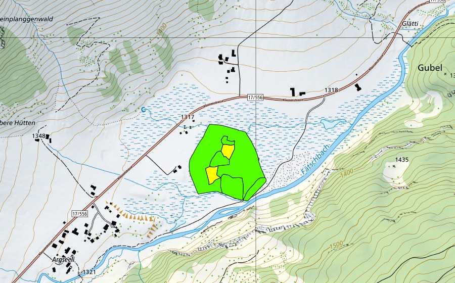 Carte nationale swisstopo avec le périmètre protégé de Urnerboden (Haut-marais)