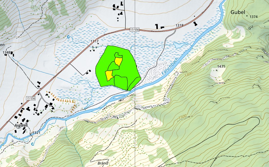 Landeskarte swisstopo mit dem Schutzperimeter von Urnerboden (Hochmoor)