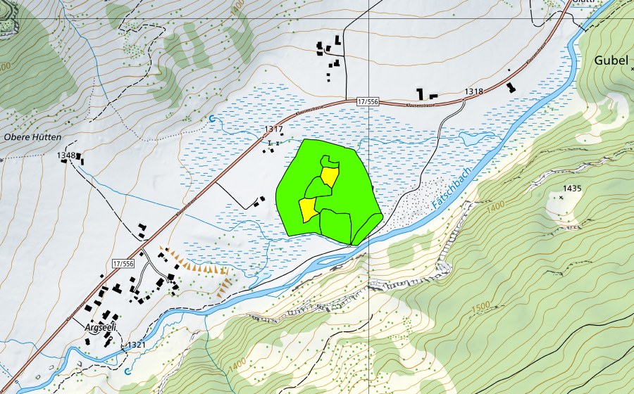 Landeskarte swisstopo mit dem Schutzperimeter von Urnerboden (Hochmoor)
