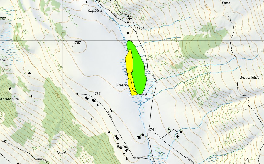 swisstopo national map showing the protected perimeter of Usserberg (Raised bog)