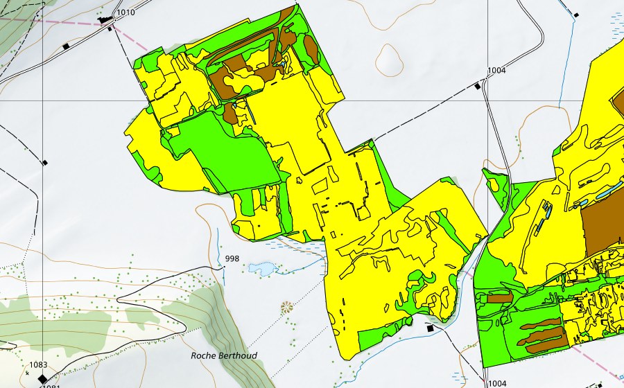 swisstopo national map showing the protected perimeter of Vallée des Ponts-de-Martel (Bois des Lattes/Marais Rouge) (Raised bog)
