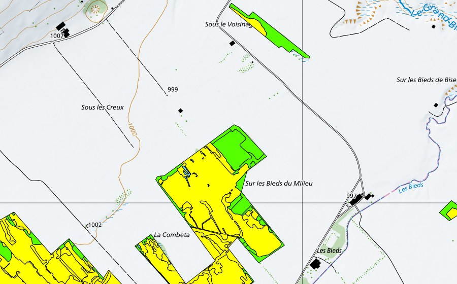 Carte nationale swisstopo avec le périmètre protégé de Vallée des Ponts-de-Martel (Bois des Lattes/Marais Rouge) (Haut-marais)