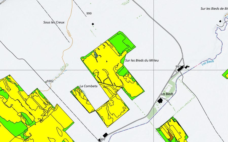 Carte nationale swisstopo avec le périmètre protégé de Vallée des Ponts-de-Martel (Bois des Lattes/Marais Rouge) (Haut-marais)