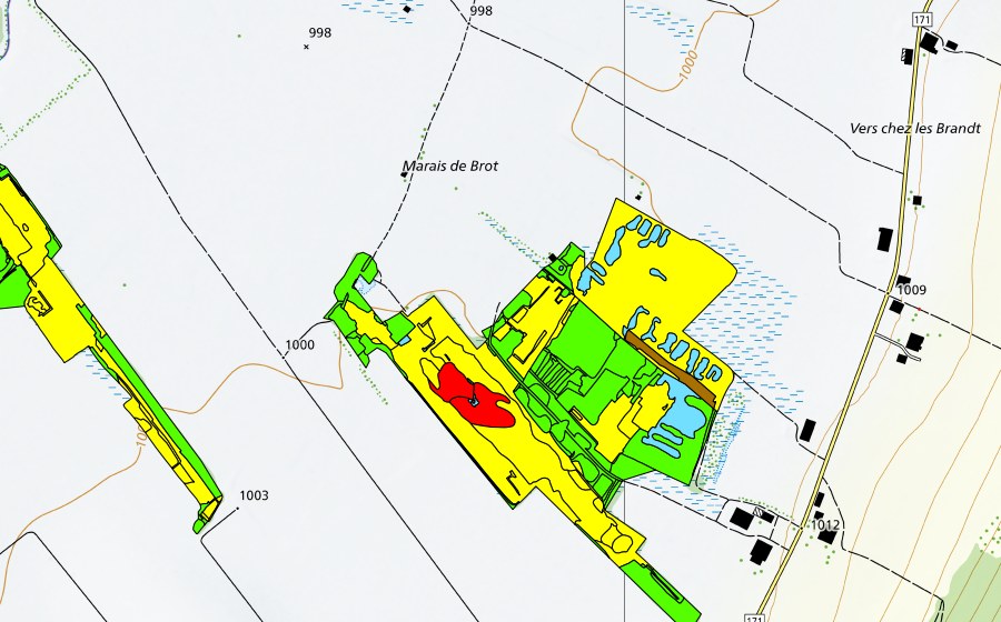 swisstopo national map showing the protected perimeter of Vallée des Ponts-de-Martel (Bois des Lattes/Marais Rouge) (Raised bog)