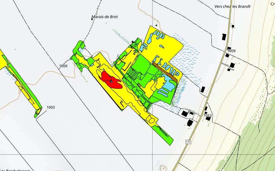 Landeskarte swisstopo mit dem Schutzperimeter von Vallée des Ponts-de-Martel (Bois des Lattes/Marais Rouge) (Hochmoor)