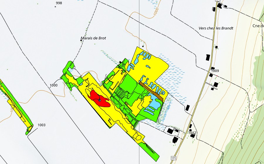Landeskarte swisstopo mit dem Schutzperimeter von Vallée des Ponts-de-Martel (Bois des Lattes/Marais Rouge) (Hochmoor)