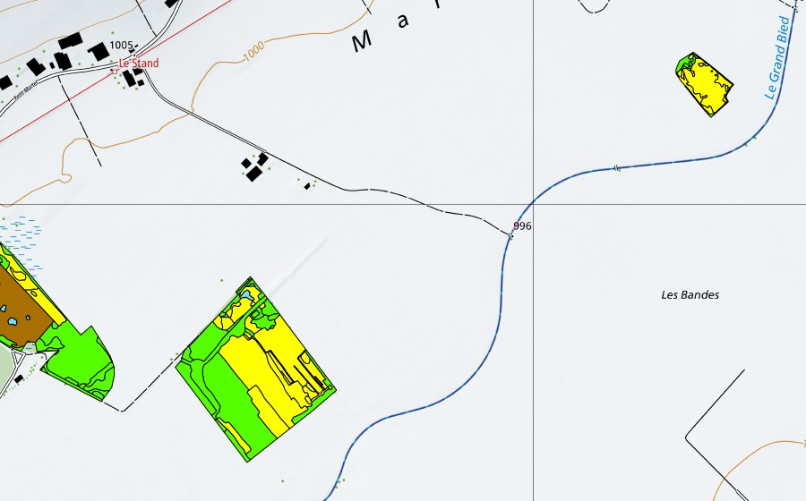 Landeskarte swisstopo mit dem Schutzperimeter von Vallée des Ponts-de-Martel (Bois des Lattes/Marais Rouge) (Hochmoor)