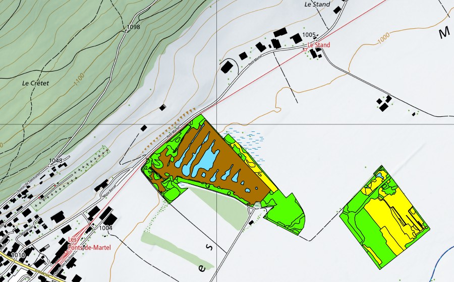 Carte nationale swisstopo avec le périmètre protégé de Vallée des Ponts-de-Martel (Bois des Lattes/Marais Rouge) (Haut-marais)