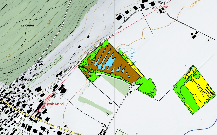 swisstopo national map showing the protected perimeter of Vallée des Ponts-de-Martel (Bois des Lattes/Marais Rouge) (Raised bog)