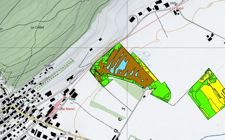 Landeskarte swisstopo mit dem Schutzperimeter von Vallée des Ponts-de-Martel (Bois des Lattes/Marais Rouge) (Hochmoor)