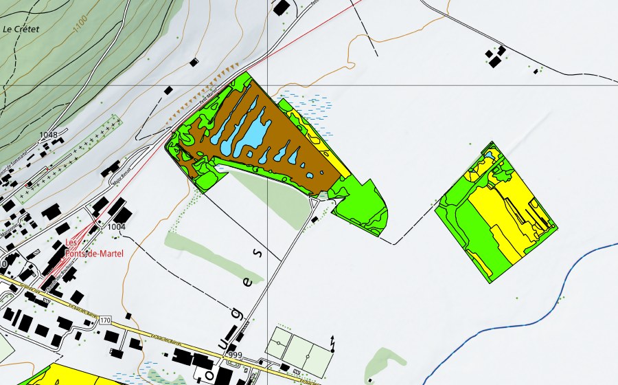 Carte nationale swisstopo avec le périmètre protégé de Vallée des Ponts-de-Martel (Bois des Lattes/Marais Rouge) (Haut-marais)
