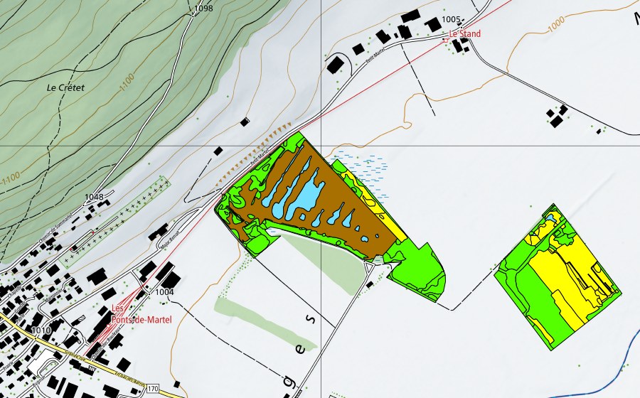 Carte nationale swisstopo avec le périmètre protégé de Vallée des Ponts-de-Martel (Bois des Lattes/Marais Rouge) (Haut-marais)
