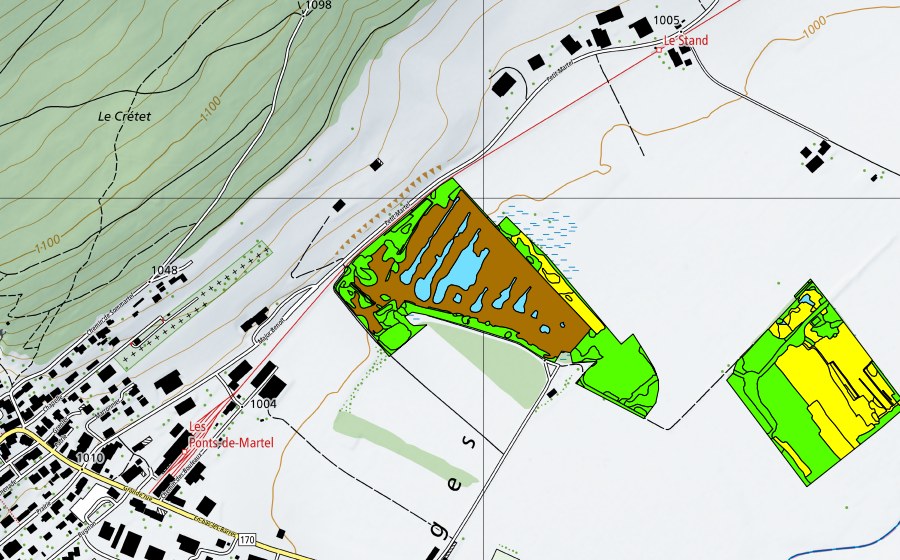 Carte nationale swisstopo avec le périmètre protégé de Vallée des Ponts-de-Martel (Bois des Lattes/Marais Rouge) (Haut-marais)