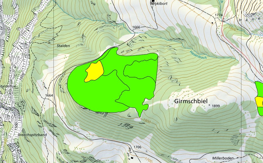 Carte nationale swisstopo avec le périmètre protégé de Verbrenntes Wääli (Haut-marais)