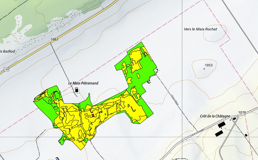 Carte nationale swisstopo avec le périmètre protégé de Vers le Maix Rochat (Haut-marais)