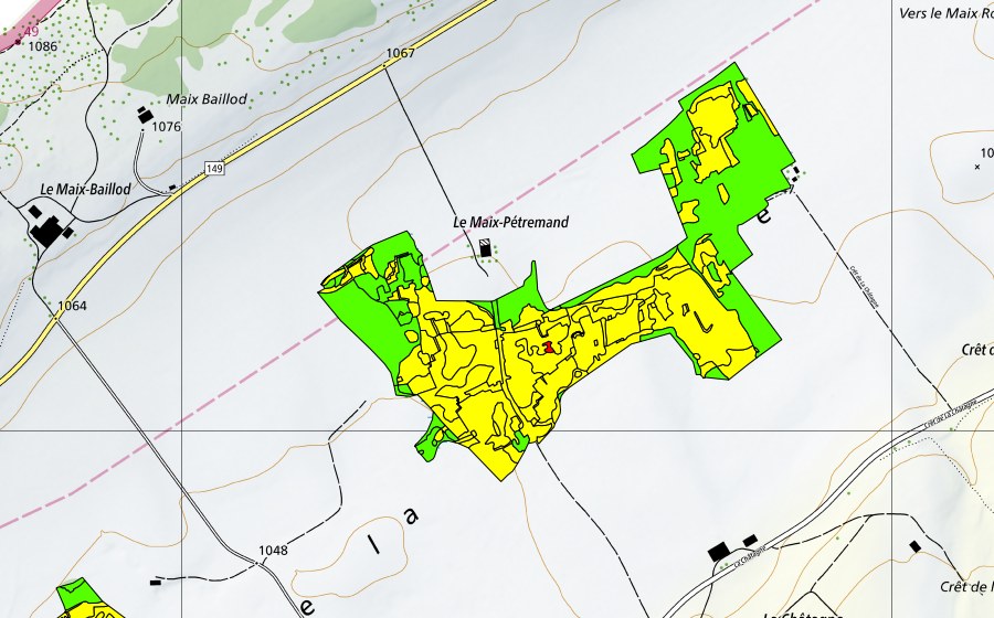 swisstopo national map showing the protected perimeter of Vers le Maix Rochat (Raised bog)