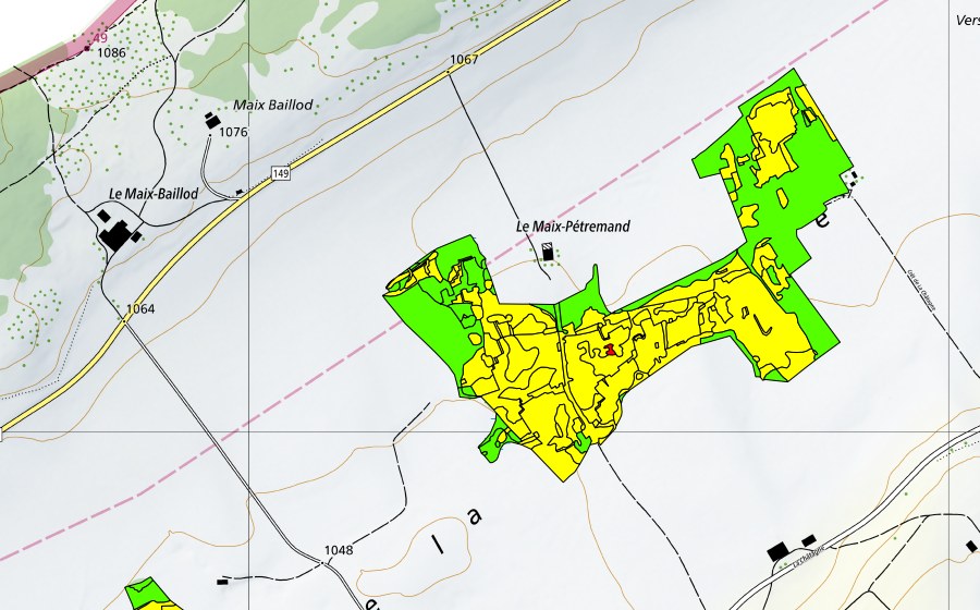 Carte nationale swisstopo avec le périmètre protégé de Vers le Maix Rochat (Haut-marais)