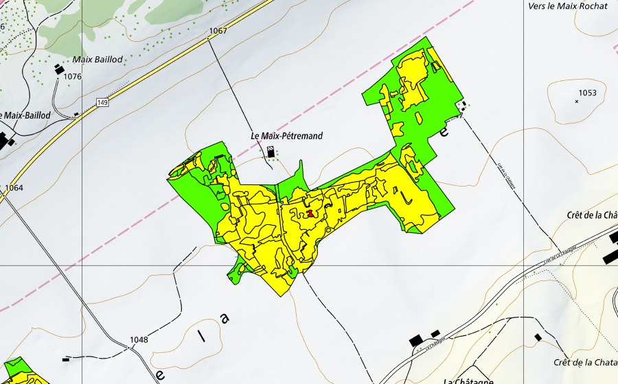 Landeskarte swisstopo mit dem Schutzperimeter von Vers le Maix Rochat (Hochmoor)