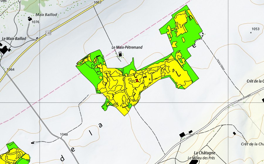 swisstopo national map showing the protected perimeter of Vers le Maix Rochat (Raised bog)