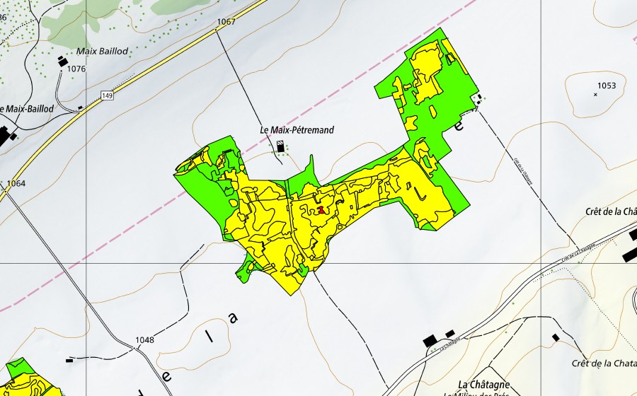 Carte nationale swisstopo avec le périmètre protégé de Vers le Maix Rochat (Haut-marais)