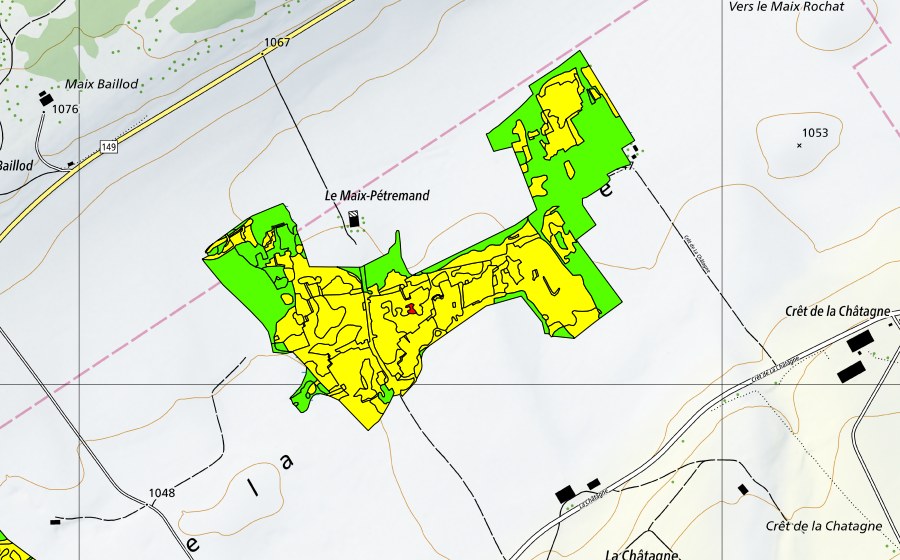 Landeskarte swisstopo mit dem Schutzperimeter von Vers le Maix Rochat (Hochmoor)