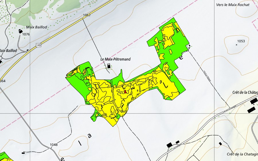 Landeskarte swisstopo mit dem Schutzperimeter von Vers le Maix Rochat (Hochmoor)