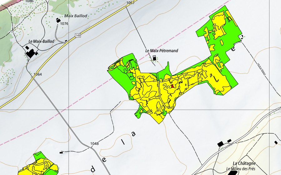 Carte nationale swisstopo avec le périmètre protégé de Vers le Maix Rochat (Haut-marais)