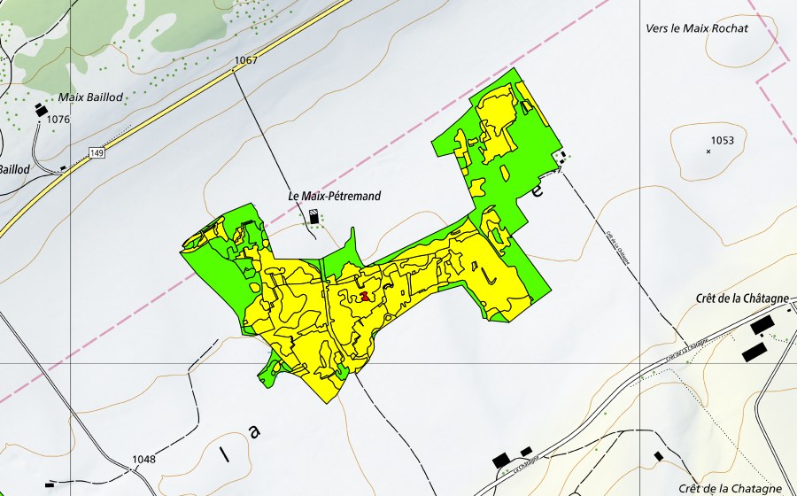 Landeskarte swisstopo mit dem Schutzperimeter von Vers le Maix Rochat (Hochmoor)