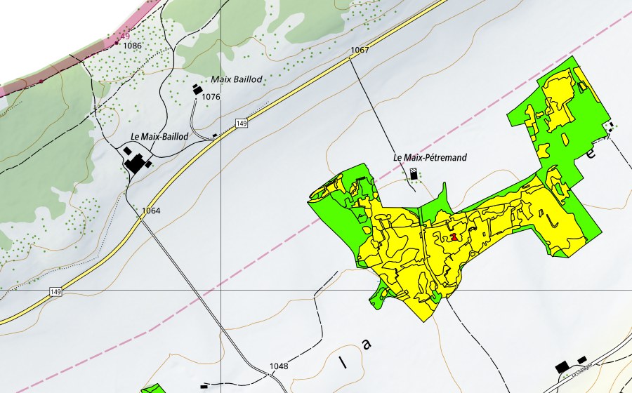 swisstopo national map showing the protected perimeter of Vers le Maix Rochat (Raised bog)