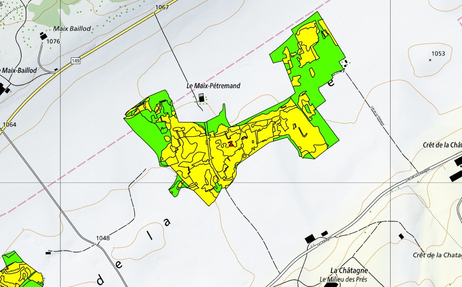 swisstopo national map showing the protected perimeter of Vers le Maix Rochat (Raised bog)