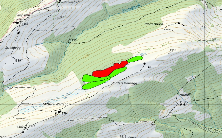 Carte nationale swisstopo avec le périmètre protégé de Vordere Wartegg (Haut-marais)
