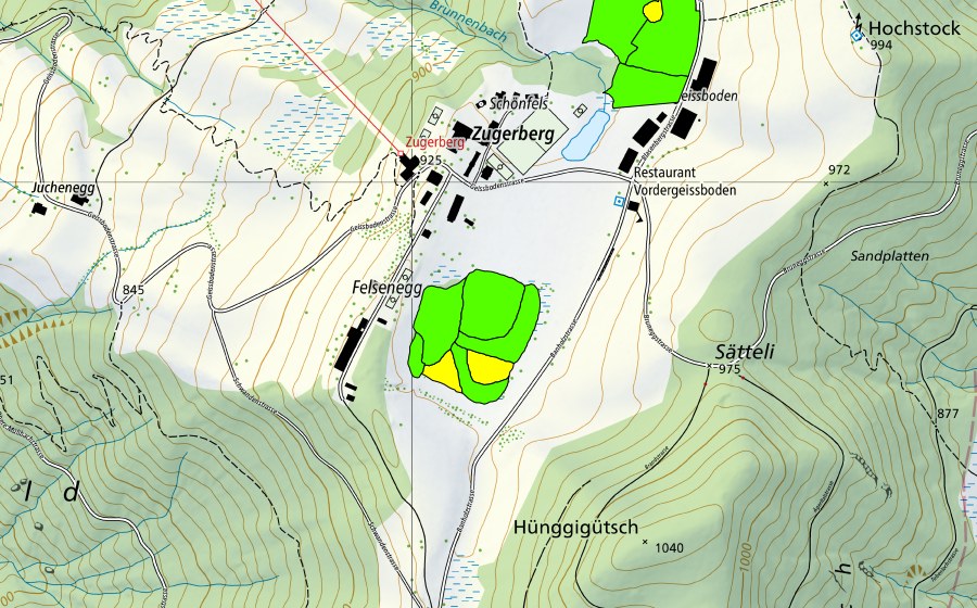 Carte nationale swisstopo avec le périmètre protégé de Vorderer Geissboden (Haut-marais)