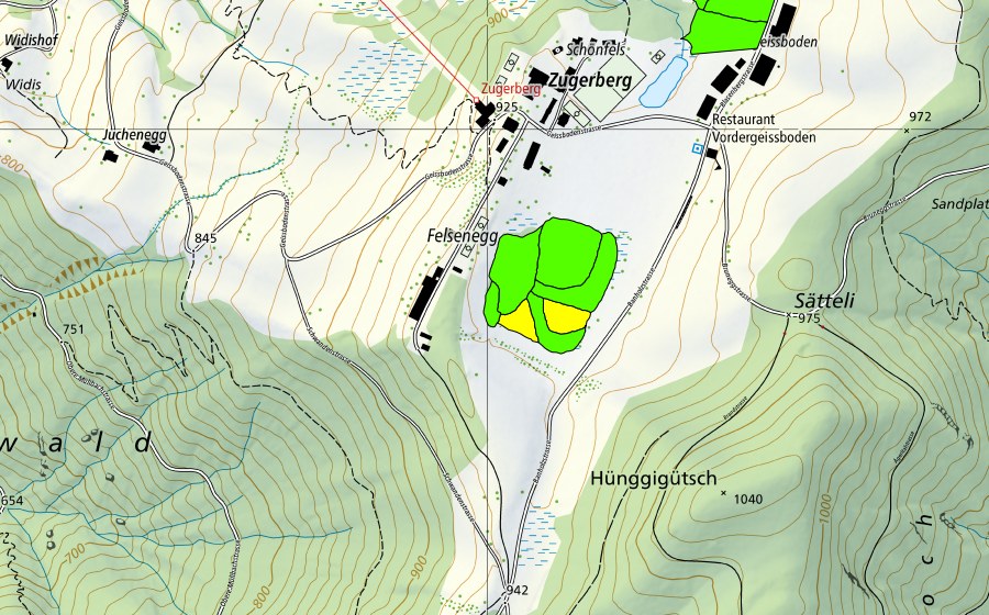 swisstopo national map showing the protected perimeter of Vorderer Geissboden (Raised bog)