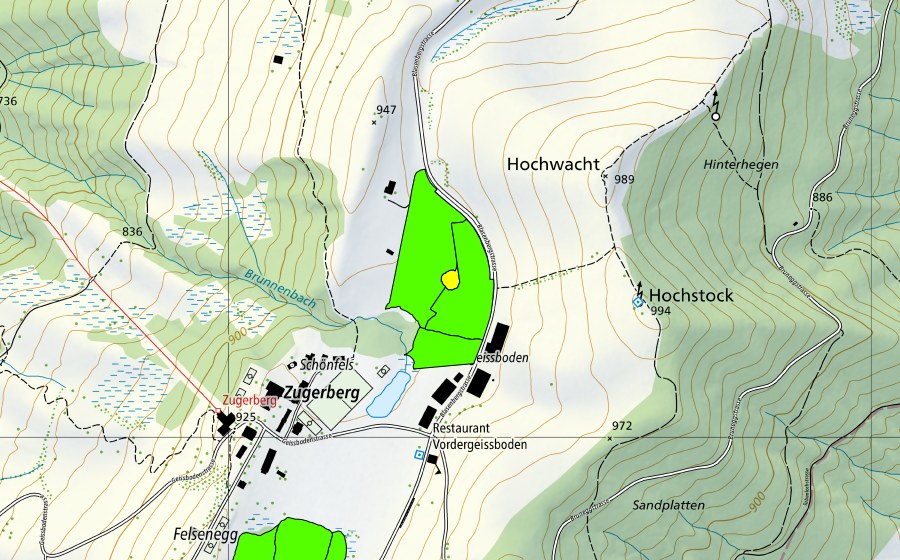 Landeskarte swisstopo mit dem Schutzperimeter von Vorderer Geissboden (Hochmoor)