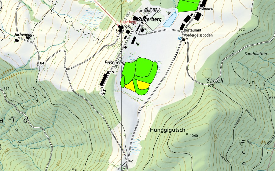 swisstopo national map showing the protected perimeter of Vorderer Geissboden (Raised bog)