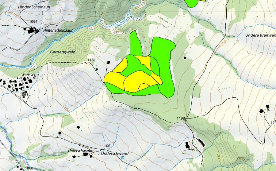 swisstopo national map showing the protected perimeter of Vorderes Rotmösli (Raised bog)