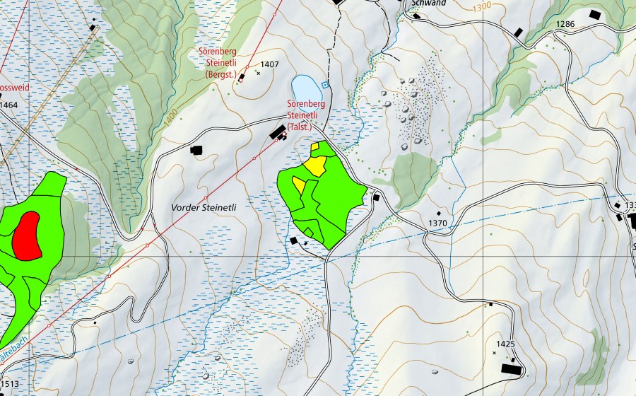Landeskarte swisstopo mit dem Schutzperimeter von Vorderes Steinetli (Hochmoor)