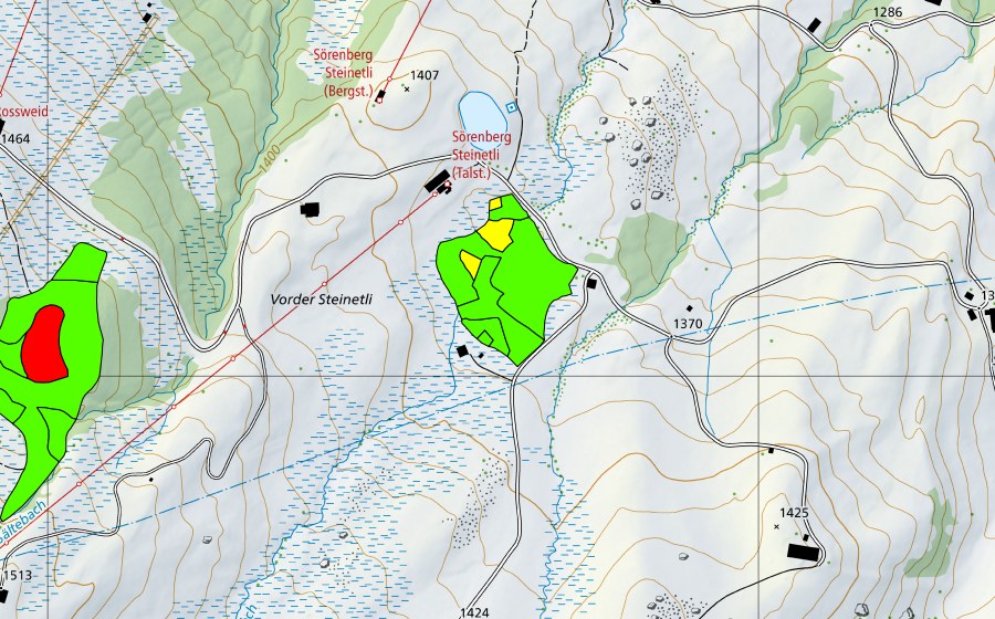 Carte nationale swisstopo avec le périmètre protégé de Vorderes Steinetli (Haut-marais)