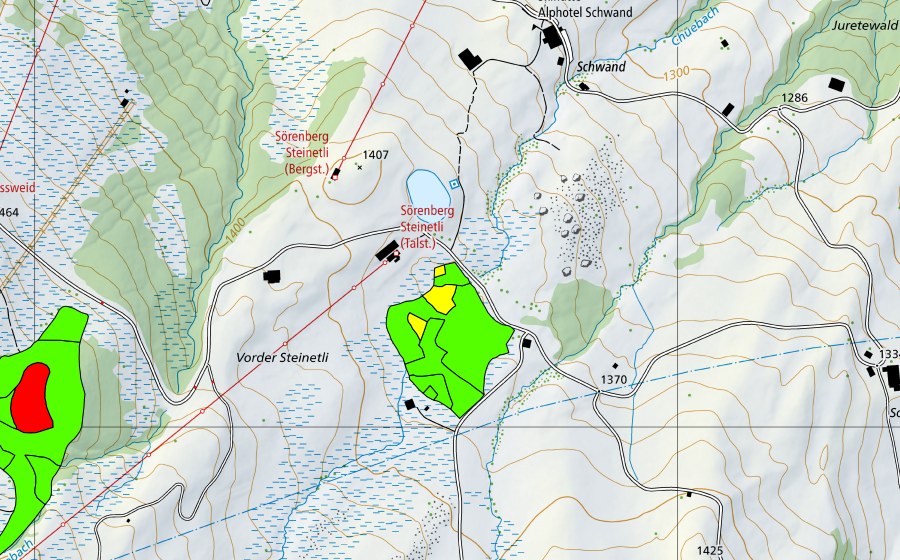 swisstopo national map showing the protected perimeter of Vorderes Steinetli (Raised bog)