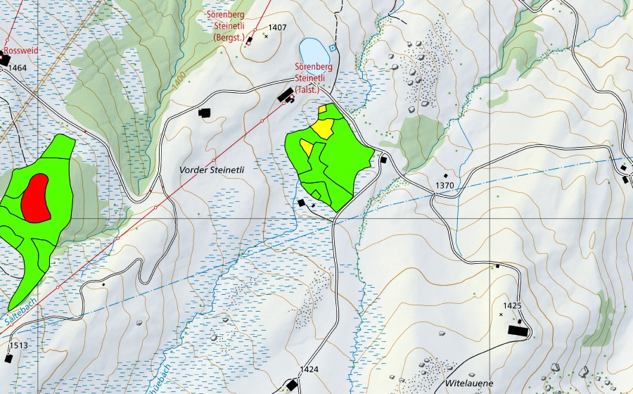 Carte nationale swisstopo avec le périmètre protégé de Vorderes Steinetli (Haut-marais)