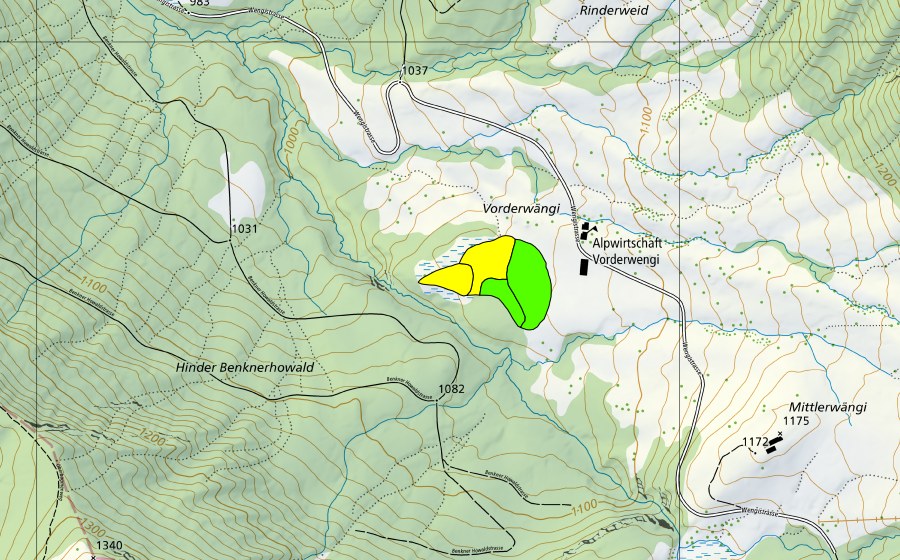 Carte nationale swisstopo avec le périmètre protégé de Vorderwängi (Haut-marais)