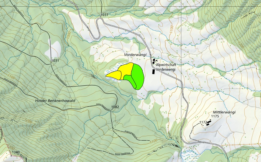 swisstopo national map showing the protected perimeter of Vorderwängi (Raised bog)