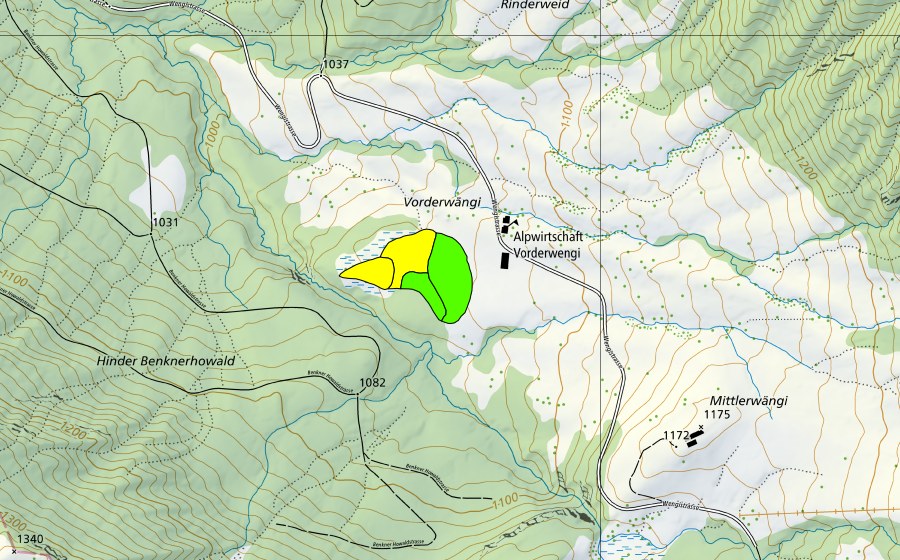 Carte nationale swisstopo avec le périmètre protégé de Vorderwängi (Haut-marais)
