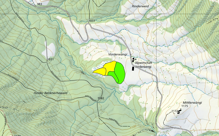 Carte nationale swisstopo avec le périmètre protégé de Vorderwängi (Haut-marais)