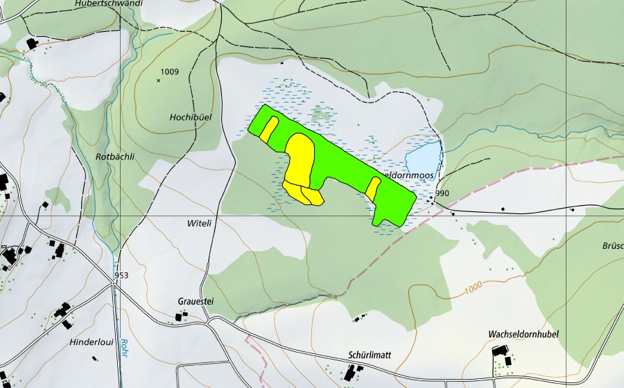 Landeskarte swisstopo mit dem Schutzperimeter von Wachseldornmoos (Hochmoor)